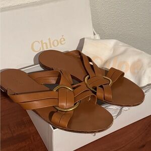 Chloe Tan Leather Sandals with Gold Accents